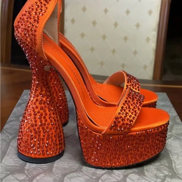 Glamorous Orange Rhinestone Platform Heels - Picture 5 of 10